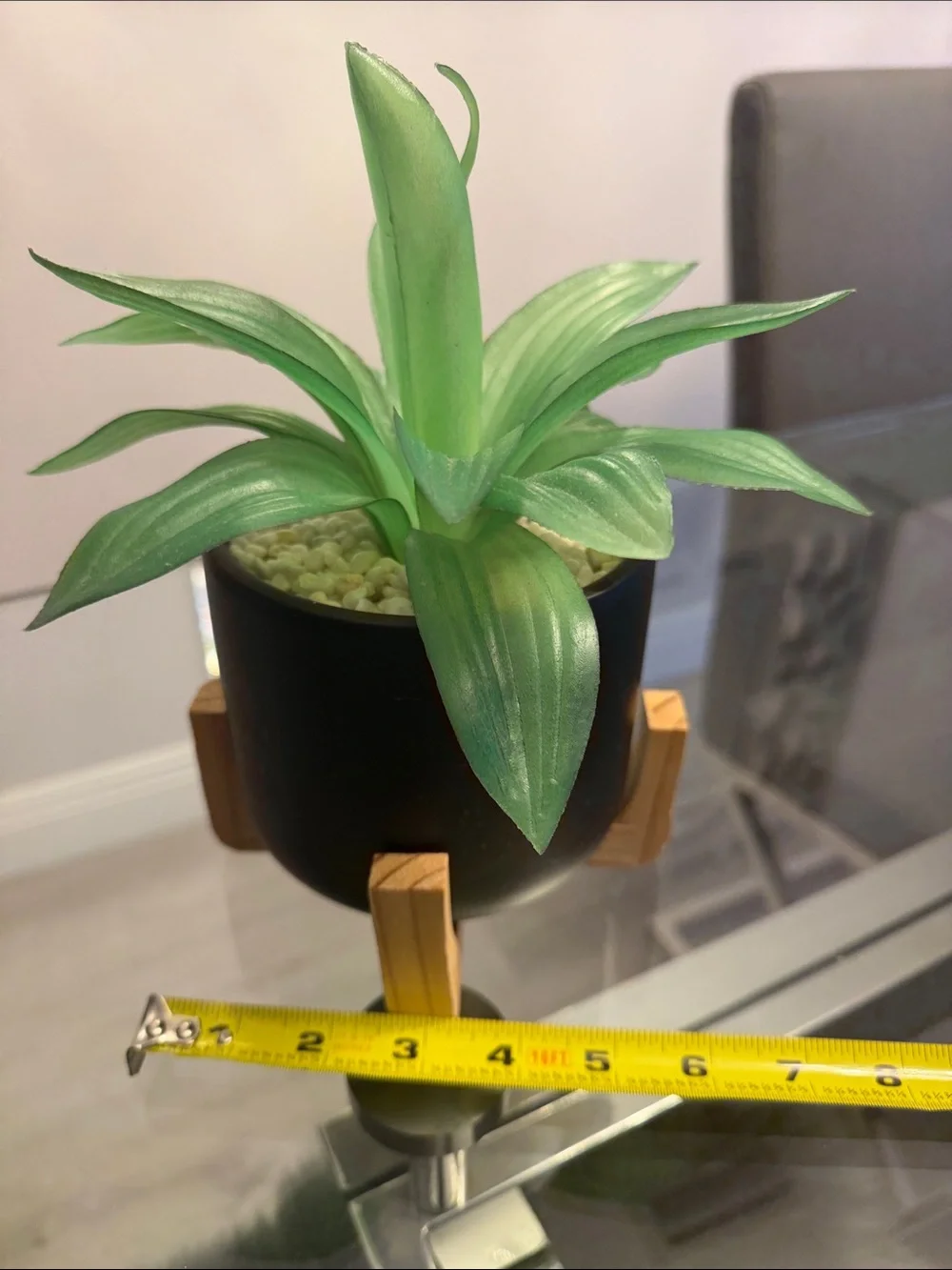 Artificial Green Succulent in Black Ceramic Pot with Wooden Stand